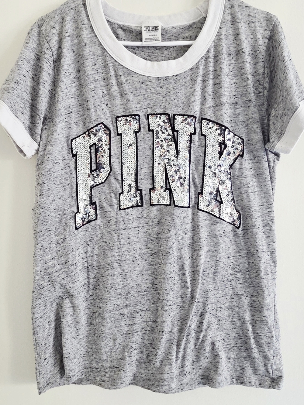 PINK Victoria's Secret Grey Heather Sequin Logo Ringer Tee